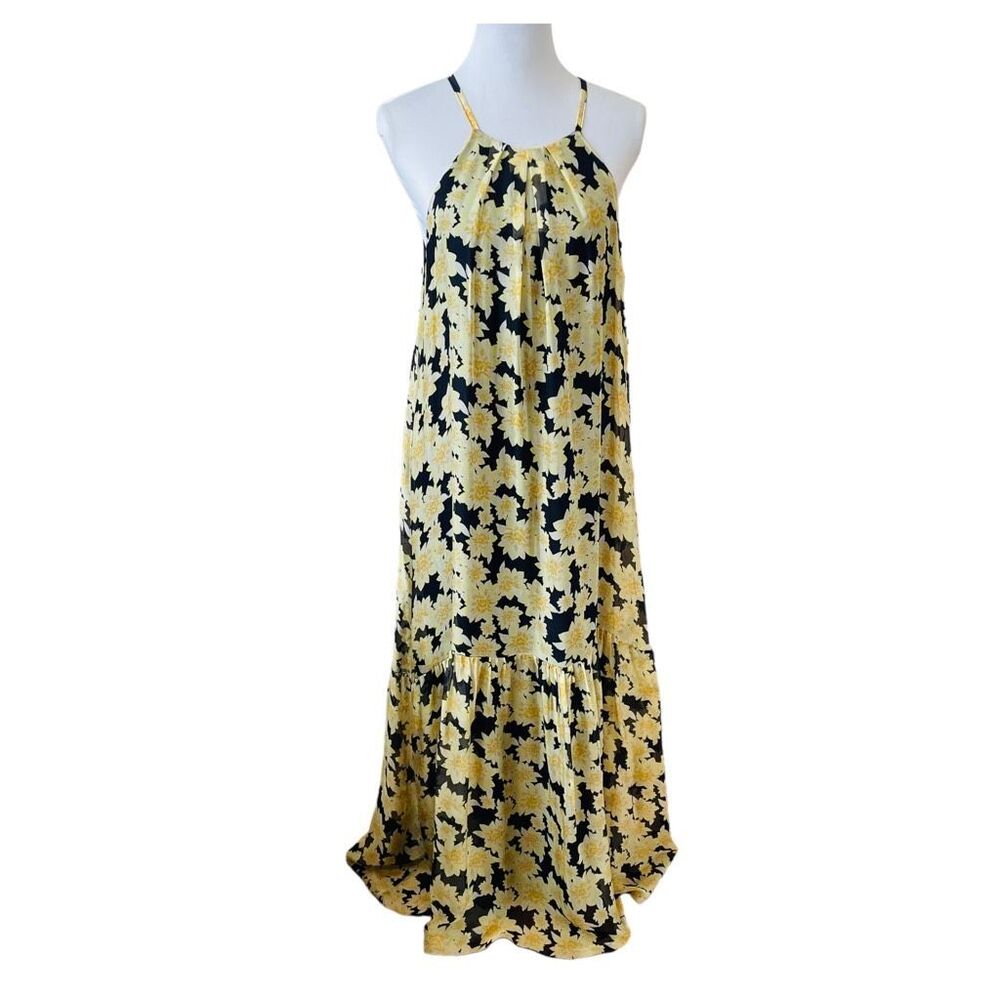 FRNCH Paris Halter Tiered Summer Maxi Dress Yellow and Black Floral size Large